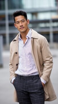 Confident Asian man in urban outdoor setting, candid portrait with natural lighting, suitable for modern lifestyle or fashion editorials 