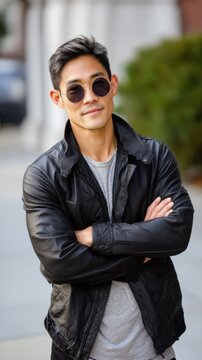 Confident Asian man in urban outdoor setting, candid portrait with natural lighting, suitable for modern lifestyle or fashion editorials 
