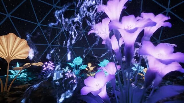 Bioluminescent alien plants inside a geodesic dome at night, glowing with neon colors.