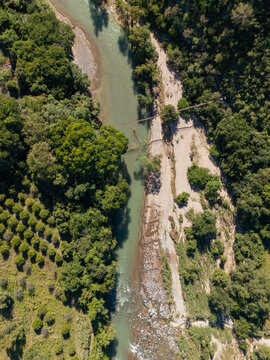Aerial view of the hanging bridge over Ayutla River at the Conca waterfalls, Queretaro,Mexico