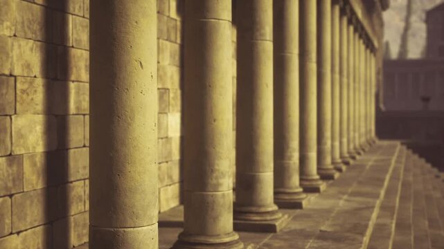 Sunlit Antioch colonnade with repeating stone columns, warm golden light, long shadowed walkway, textured masonry, classical architecture evoking ancient trade