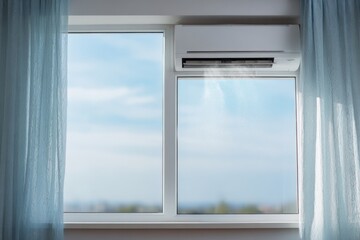 Obraz premium Window airconditioner cooling interior with sheer curtains and blue sky visible through double pane window, ventilation blowing cool air into room
