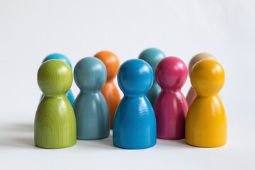 Row of Minimalist Colorful Wooden Peg Figures with an Orange Leader in Front for Team Building Leadership and HR Recruitment Business Strategy