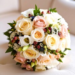 Obraz premium Floral bouquet of pastel roses, berries, and greenery sits on a soft, textured, off-white surface