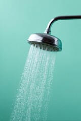 Metal showerhead water steam teal mist angled shower with powerful flowing spray on mint teal background for bright bathroom styling