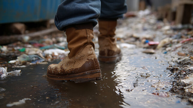 Close-up of a person's feet in sturdy brown boots and blue jeans, standing in a large muddy puddle filled with debris and waste materials outdoors