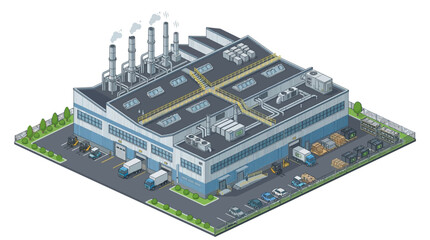 Obraz premium Industrial factory building illustration with loading docks and delivery trucks in a cityscape