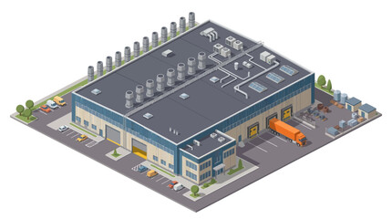 Obraz premium Isometric illustration of a modern industrial warehouse building with loading docks and a truck