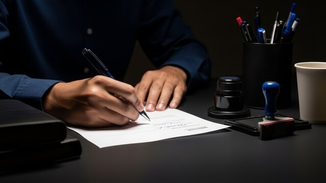 Busy professional drafting important document at modern office desk in dark environment