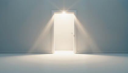 illuminated open door in a simple interior space symbolizing opportunities and new beginnings with calm atmosphere