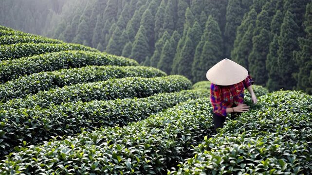 Woman picker harvesting tea on terrace. Farmer working in plantation and agriculture. Farming practice focuses on crop care and sustainable harvesting. Forest rows frame lush green foliage. Rural.