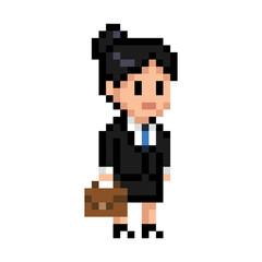 Fototapeta premium Pixel art businesswoman with briefcase - retro 8bit office worker character sprite