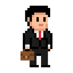 Fototapeta premium Pixel art businessman with briefcase – retro 8bit office worker character sprite