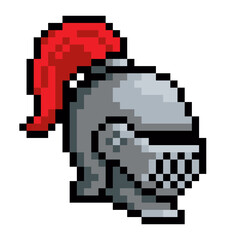 Pixel art medieval knight helmet with red plume - retro 8bit fantasy armor icon