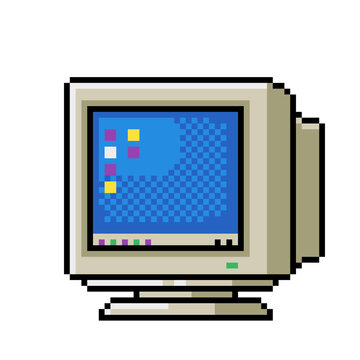 Retro pixel art computer monitor &ndash; vintage desktop screen technology icon in 8bit style