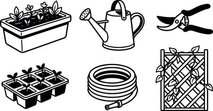 Black and white line art gardening tools and seedlings including watering can pruning shears hose and trellis with vines in vector style