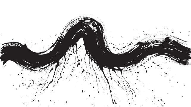 A single thick black brush stroke forms a dynamic wave shape with heavy ink splatters emphasizing movement and energy.