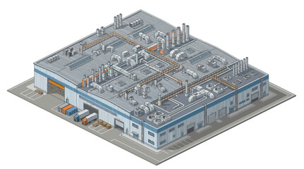 Obraz premium Aerial view of a large industrial warehouse facility with loading docks, trucks, and extensive HVAC systems on the rooftop