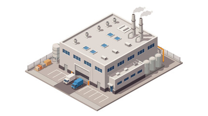 An isometric view of a modern industrial factory building with trucks at loading docks, featuring smokestacks and storage tanks