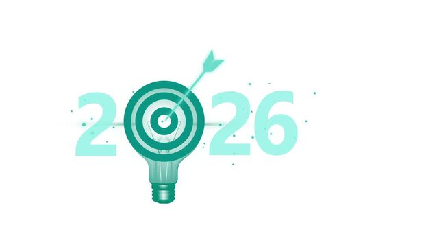 2026 target lightbulb concept animation, White background with 2026 where the zero is a glowing target inside a lightbulb hit by an arrow