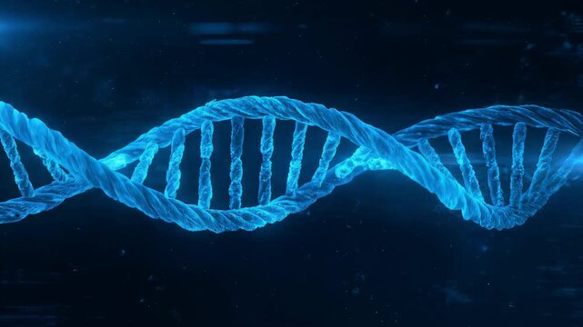 Glowing blue d n a helix structure rotating in dark space with bokeh lights science technology medical research