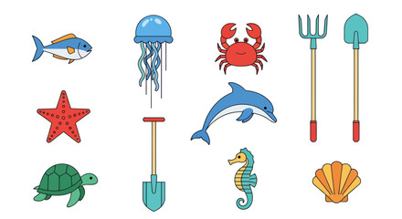 Colorful sea creatures and garden tools