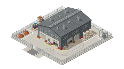 Obraz premium Isometric industrial building with loading docks, storage tanks, and security fence on a white background