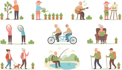 Fototapeta premium Colorful vector illustration of elderly people enjoying outdoor activities, hobbies, fitness, and creative leisure in healthy lifestyle