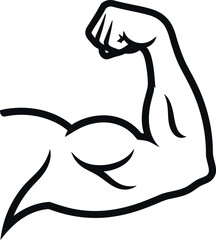 Obraz premium Graphic black and white vector icon depicts a powerfully flexed arm with a prominent bicep and clenched fist, symbolizing strength, muscle, fitness, and raw determination for diverse health themes.