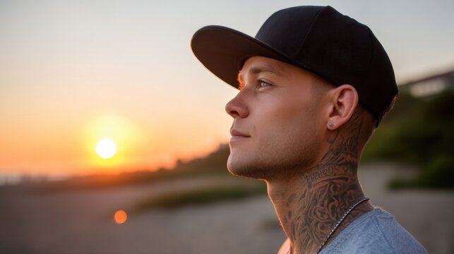 Street style portrait of a tattooed man with cap and neck tattoos at sunset, captured in silhouette, ideal for modern youth culture and fashion photography 