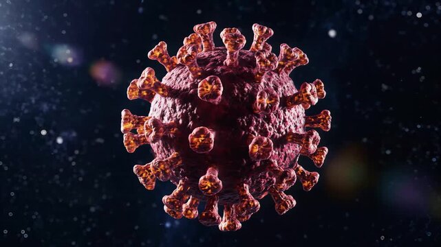 Microscopic 3 d render of a red coronavirus particle with glowing spikes floating in dark space with bokeh lights
