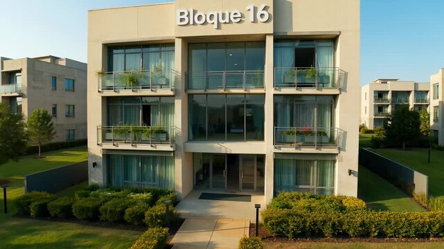 Slow aerial push-in toward a contemporary luxury apartment complex named Bloque 16, featuring modern architectural design, large glass balconies, and manicured green lawns at sunset.