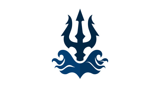 A dark blue trident, over stylized ocean waves, set on a white background