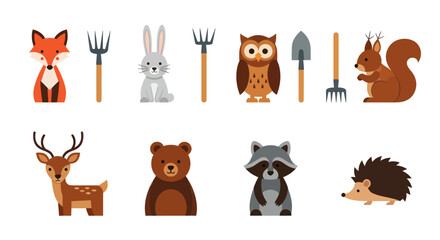 Fototapeta premium Forest animals and tools vector illustration