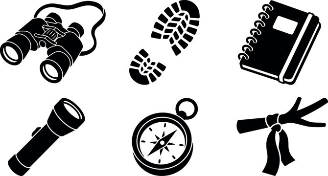 Black silhouette camping icons set binoculars flashlight compass footsteps notebook and tied branch outdoor adventure equipment