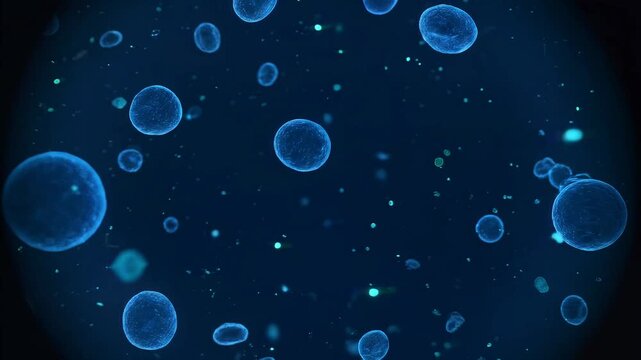 Microscopic view of glowing blue cells and particles floating in dark fluid scientific research concept medical