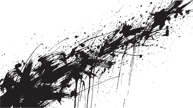 Black ink splatter brush stroke sweeps dynamically across a white background creating an abstract horizontal design element.