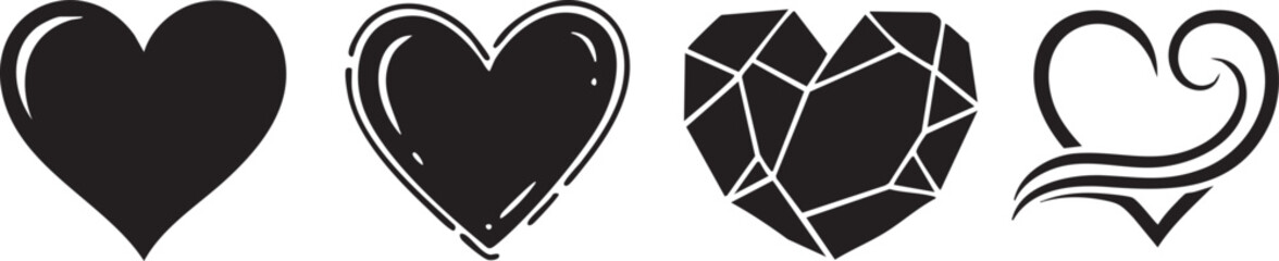 Collection of four distinctive black heart shapes with unique designs