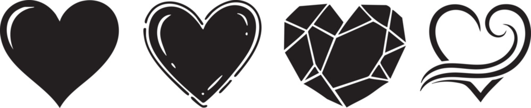 Collection of four distinctive black heart shapes with unique designs