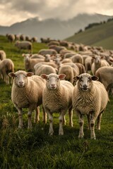 Fototapeta premium Flock of White Sheep Grazing on a Green Hillside Meadow in the Countryside, Sustainable Agriculture and Livestock Farming in a Rural Landscape