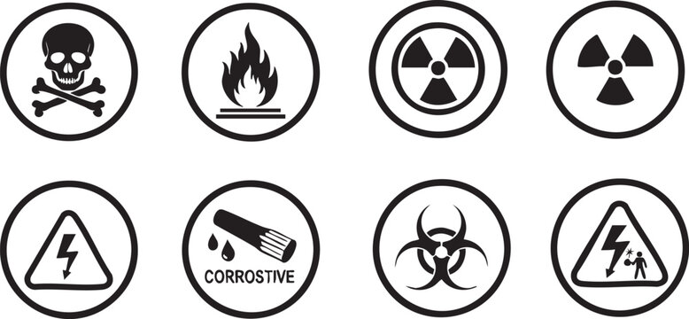 Collection of hazardous material warning symbols