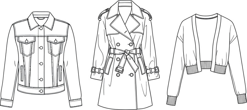 A collection of three distinct female outerwear garment flat sketches including a denim jacket a belted trench coat and a cropped cardigan