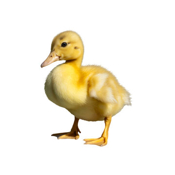 A fluffy yellow duckling standing and looking sideways with its soft downy feathers in full view isolated on transparent background