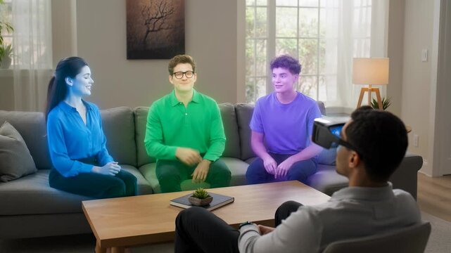 Man wearing a VR headset interacts with high-tech 3D holograms of people sitting on a sofa in a modern living room, showcasing the future of remote communication and telepresence.