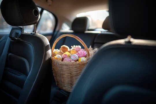 easter basket with eggs and pastries in the back seat of a car