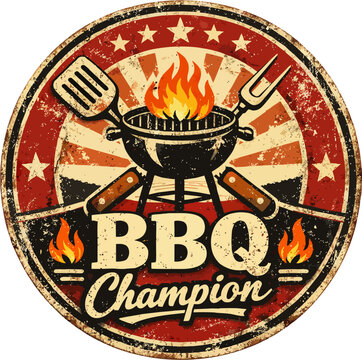 Vintage BBQ Champion badge with grill, flames, spatula and fork on retro starburst background. Perfect for barbecue lovers and t-shirt designs.