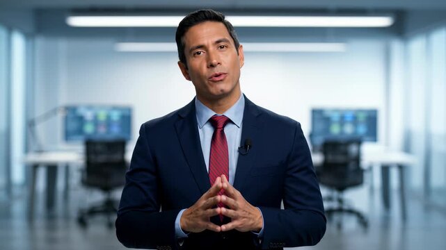 Professional male news anchor in a blue suit and red tie gesturing with his hands while delivering a report in a modern blurred office studio background, emphasizing key points to camera.
