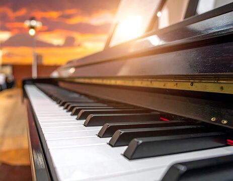 Grand piano keyboard close-up, sun flare, blurred cityscape and sunset