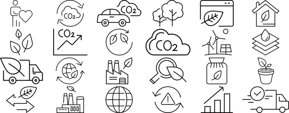 Collection of eco-friendly and sustainability icons representing environmental protection concepts like CO2 reduction renewable energy and green transport ideal for web design and infographics