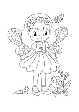 Spring Fairy Coloring Page &ndash; Cute Flower Fairy Outline Illustration for Kids